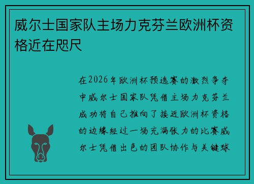 威尔士国家队主场力克芬兰欧洲杯资格近在咫尺 威尔士国家队主场力克芬兰欧洲杯资格近在咫尺